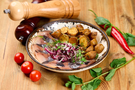 Plated restaurant dish of marinated herring served with golden roasted potatoes, garnished with fresh herbs and red onions. Perfect for showcasing traditional European cuisineの写真素材