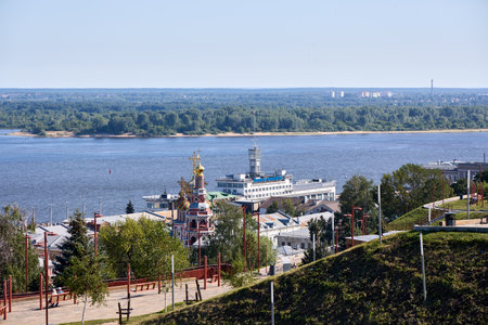 High-angle morning view of Christmas Church and Volga Shipping Company along the Volga River in...