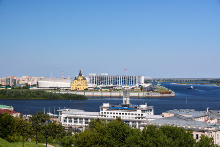 High-angle morning shot capturing the Volga Shipping Company port and Alexander Nevsky Cathedral...