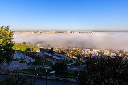 morning fog flowing over the river at sunrise, featuring Alexander Nevsky Cathedral, Kanavinsky...