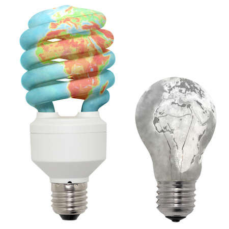 Energy saving lamp in color and normal lamp in black and white performance. On the bulb earth...