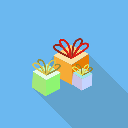 Gift colorful boxes on blue background. Flat isometric icon style with long shadow. Vector illustration.のイラスト素材