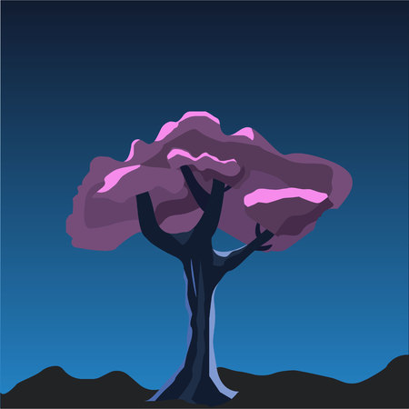 Purple Tree Cartoon 2D game vector illustration. Violet tree in the night under the moonlight. Element for your game or Halloween design.のイラスト素材