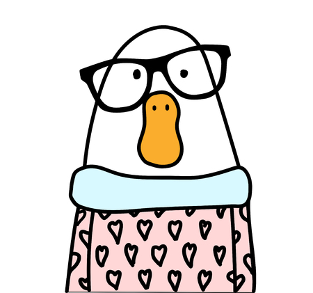 Funny cartoon white hipster goose wearing stylish black glasses. Goose has the funny orange beak and nice pink shirt. Cool goose for a logo, tattoo or design.のイラスト素材