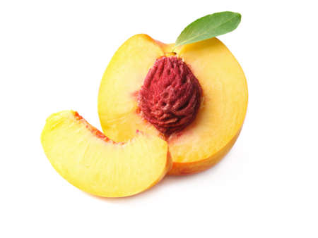 Ripe peach fruit on white backgroundの写真素材