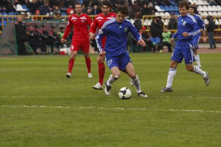 TOMSK, RUSSIA - APRIL 18: Football match Championship of Russia among Tom'(Tomsk) - Spartak (Nalchik), April 18, 2009 in Tomsk, Russia.のeditorial素材