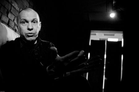 TOMSK, RUSSIA - MARCH 4: Musician, songwriter, radio broadcaster and founder and leader of the Va-Bank Alexander F. Sklyar in club Underground, March 4, 2009 in Tomsk, Russia.のeditorial素材