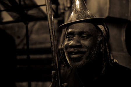 TOMSK, RUSSIA - OCTOBER 3: Musician Frank Ku-Umba frontman of Frank KuUmba Lacy Quartet (USA) in jazz club Underground on 1st International Festival of a clubs jazz, October 3, 2008 in Tomsk, Russia.     のeditorial素材