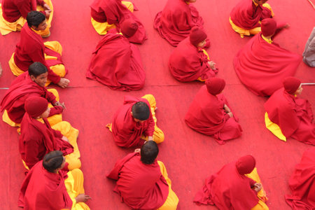 RISHIKESH, INDIA - JANUARY 19: Hindu students from the Parmath Niketan Ashram hold ceremonial...