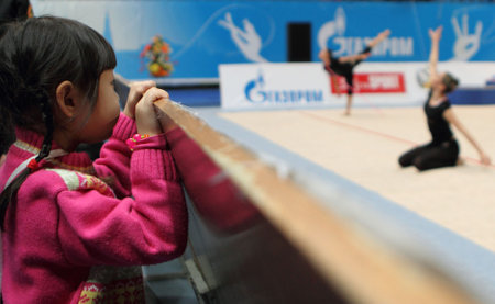MOSCOW, RUSSIA - FEBRUARY 20: International Tournament in Rhythmic Gymnastics Grand Prix Cup champions Gazprom, February 20, 2010 in Moscow, Russia.のeditorial素材
