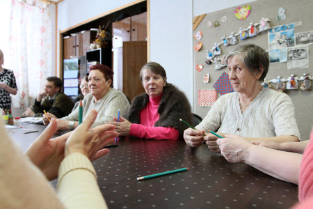 PODPOROZHYE, RUSSIA - MARCH 11: Day of Health in Center of social services for pensioners and the disabled Otrada (occupational therapy for eldery), March 11, 2010 in Podporozhye, Russia.のeditorial素材
