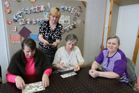PODPOROZHYE, RUSSIA - MARCH 11: Day of Health in Center of social services for pensioners and the disabled Otrada (occupational therapy for eldery), March 11, 2010 in Podporozhye, Russia.のeditorial素材