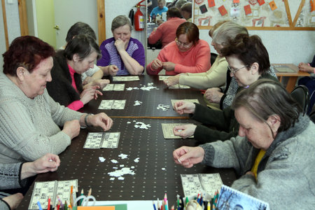 PODPOROZHYE, RUSSIA - MARCH 11: Day of Health in Center of social services for pensioners and the disabled Otrada (occupational therapy for eldery), March 11, 2010 in Podporozhye, Russia.のeditorial素材