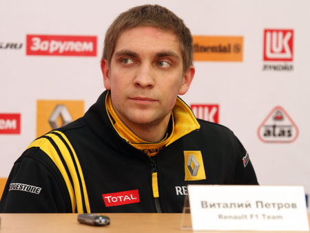 MOSCOW, RUSSIA - FEBRUARY 23: Russia racing driver, pilot of Renault F1 Team Vitaly Petrov during the press conference on 21st traditional "Race Stars"Za rulyom", February 23, 2010 in Moscow, Russia.のeditorial素材