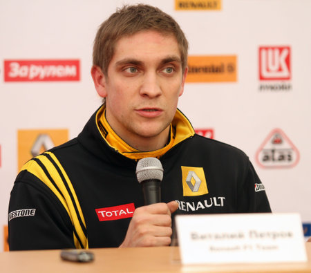 MOSCOW, RUSSIA - FEBRUARY 23: Russia racing driver, pilot of Renault F1 Team Vitaly Petrov during the press conference on 21st traditional "Race Stars"Za rulyom", February 23, 2010 in Moscow, Russia.のeditorial素材