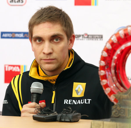 MOSCOW, RUSSIA - FEBRUARY 23: Russia racing driver, pilot of Renault F1 Team Vitaly Petrov during the press conference on 21st traditional "Race Stars"Za rulyom", February 23, 2010 in Moscow, Russia.のeditorial素材