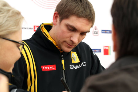MOSCOW, RUSSIA - FEBRUARY 23: Russia racing driver, pilot of Renault F1 Team Vitaly Petrov during the press conference on 21st traditional "Race Stars"Za rulyom", February 23, 2010 in Moscow, Russia.のeditorial素材