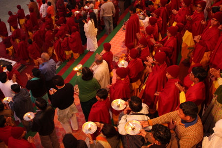 RISHIKESH, INDIA - JANUARY 19: Hindu students from the Parmath Niketan Ashram hold ceremonial...