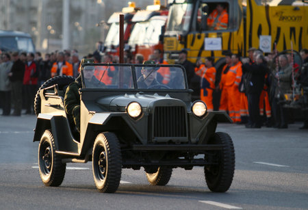 MOSCOW - APRIL 27: Russian army military vehicles in downtown, during a rehearsal for the Victory Day military parade which will take place at Moscow's Red Square, April 27, 2010 in Moscow, Russia.のeditorial素材