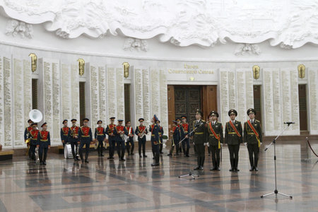MOSCOW - APRIL 21: Ceremony of transfer of the symbolic Victory Banner of the delegation of the Republic of Kazakhstan in the Hall of Fame Museum of the Patriotic War, April 21, 2010 in Moscow, Russiaのeditorial素材
