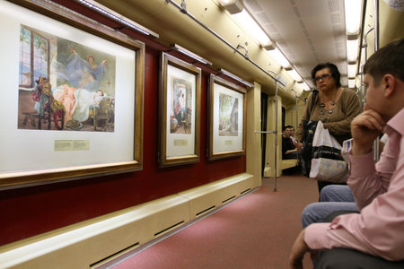 Aquarelle - subway train with a new collection of masterpieces by watercolor artists from the Russian Museum set out from Partizanskaya station, May 12, 2010 in Moscow, Russia. のeditorial素材
