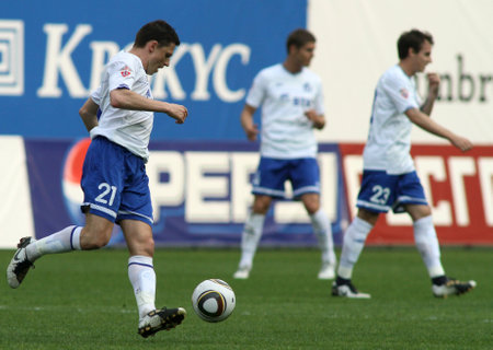 MOSCOW - MAY 15: Dinamo's midfielder Igor Semshov (L) in a game of the 11th round of Russian Football Premier League - Dinamo Moscow vs. Alania Vladikavkaz - 2:0, May 15, 2010 in Moscow, Russia.のeditorial素材