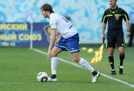 MOSCOW - MAY 15: Dinamo's defender Vladimir Granat in a game of the 11th round of Russian Football Premier League - Dinamo Moscow vs. Alania Vladikavkaz - 2:0, May 15, 2010 in Moscow, Russia.のeditorial素材