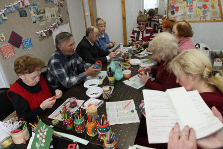 PODPOROZHYE, RUSSIA - JUNE 4: Day of Health in Center of social services for pensioners and the disabled Otrada (occupational therapy for eldery), June 4, 2010 in Podporozhye, Russia.のeditorial素材