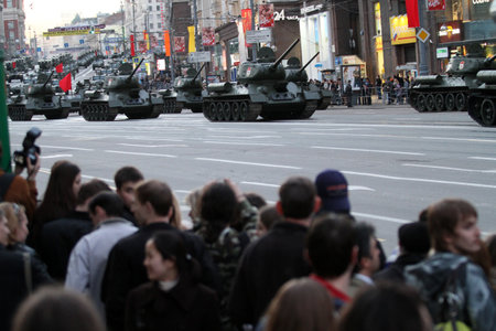 MOSCOW - APRIL 29: Russian army military vehicles in downtown Moscow on Tverskaya Street near Red Square, during a rehearsal for the Victory Day military parade, April 29, 2010 in Moscow, Russia.のeditorial素材