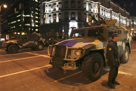 MOSCOW - APRIL 29: Russian army military vehicles in downtown Moscow on Tverskaya Street near Red Square, during a rehearsal for the Victory Day military parade, April 29, 2010 in Moscow, Russia.のeditorial素材