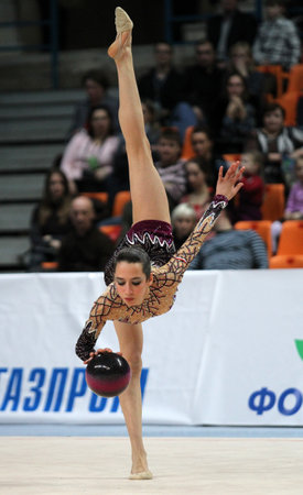 MOSCOW - FEBRUARY 20: An unidentified participant in action at International Tournament in Rhythmic Gymnastics Grand Prix Cup champions Gazprom, February 20, 2010 in Moscow, Russia.のeditorial素材