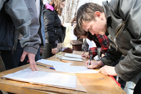 Greenpeace to demand rescission of a government decree, which allowed the Baikal pulp and paper mill waste to pour into a unique lake, March 28, 2010 in Moscow, Russia.のeditorial素材
