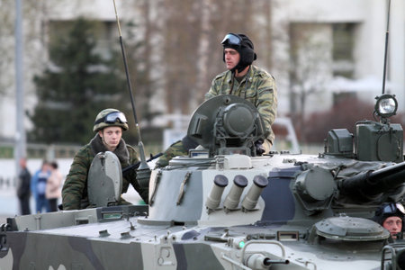 MOSCOW - APRIL 27: Russian army military vehicles in downtown, during a rehearsal for the Victory Day military parade which will take place at Moscow's Red Square, April 27, 2010 in Moscow, Russia.のeditorial素材