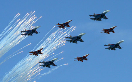 MOSCOW - MAY 9: Russian army bombers fly over Grand Kremlin Palace during the Military Parade...
