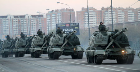 MOSCOW - APRIL 27: Russian army military vehicles cruise through downtown during a rehearsal for the Victory Day military parade at Moscow's Red Square, April 27, 2010 in Moscow, Russia.のeditorial素材