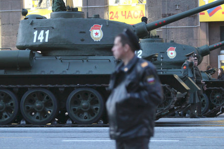 MOSCOW - APRIL 29: Russian army military vehicles in downtown Moscow on Tverskaya Street near Red Square, during a rehearsal for the Victory Day military parade, April 29, 2010 in Moscow, Russia.のeditorial素材
