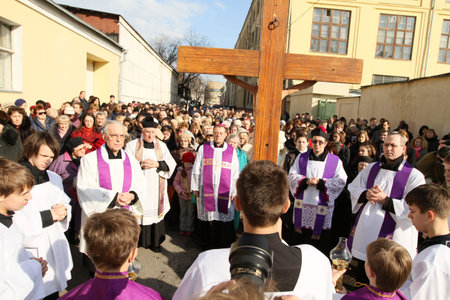 MOSCOW, RUSSIA - MARCH 25: Catholics walk in a procession held ahead of the Easter Holy Week,...