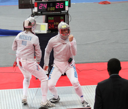 MOSCOW, RUSSIA - FEBRUARY 13: Nikolay Kovalev (RUS) and Luigi Tarantino (ITA) compete at the 2010...