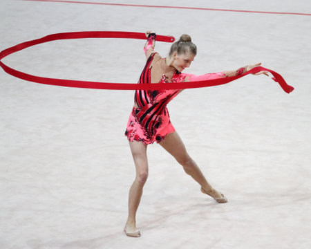 MOSCOW - FEBRUARY 20: An unidentified participant in action at International Tournament in Rhythmic Gymnastics Grand Prix Cup champions Gazprom, February 20, 2010 in Moscow, Russia.のeditorial素材