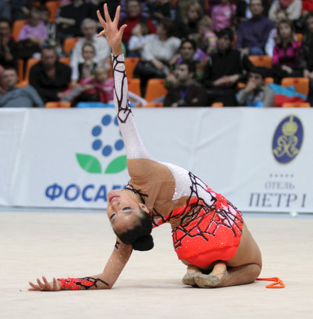 An unidentified participant in action at International Tournament in Rhythmic Gymnastics Grand Prix Cup champions Gazprom, February 20, 2010 in Moscow, Russia.のeditorial素材