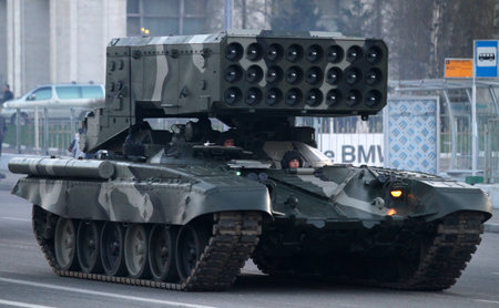 Russian army military vehicles cruise through downtown during a rehearsal for the Victory Day...