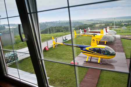 Yakhroma, Russia, June 25, 2011 - Carlson Cup-2011 Competitions on helicopter sports on the Robinson R44, in the First Helicopter Club Aerosoyuz in Moscow region.のeditorial素材