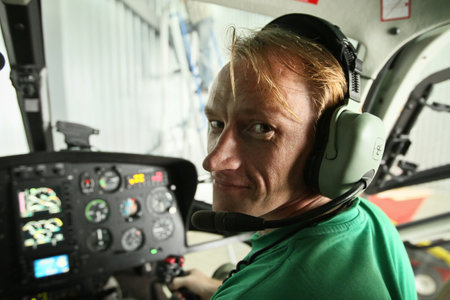 Yakhroma, Russia, June 25, 2011 - Carlson Cup-2011 Competitions on helicopter sports on the Robinson R44, in the First Helicopter Club Aerosoyuz in Moscow region.のeditorial素材