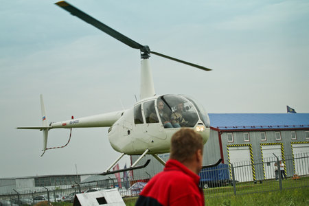 Yakhroma, Russia, June 25, 2011 - Carlson Cup-2011 Competitions on helicopter sports on the Robinson R44, in the First Helicopter Club Aerosoyuz in Moscow region.のeditorial素材