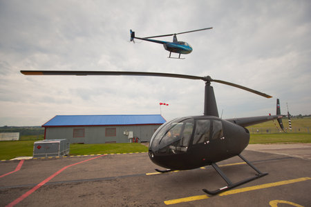 Yakhroma, Russia, June 25, 2011 - Carlson Cup-2011 Competitions on helicopter sports on the Robinson R44, in the First Helicopter Club Aerosoyuz in Moscow region.のeditorial素材