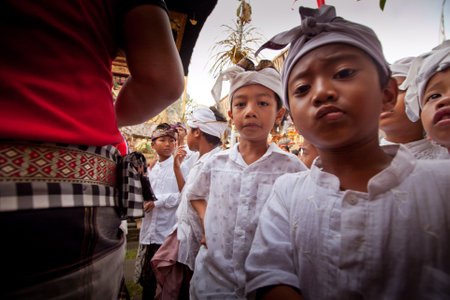 Melasti Ritual is performed before Nyepi - a Balinese Day of Silence that is commemorated every year (in 2012, it is on March 23rd) on March 18, 2012 in Ubud, Bali, Indonesia.のeditorial素材