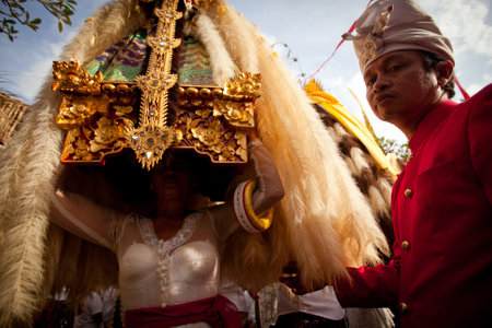 Melasti Ritual is performed before Nyepi - a Balinese Day of Silence that is commemorated every year (in 2012, it is on March 23rd) on March 18, 2012 in Ubud, Bali, Indonesia.のeditorial素材