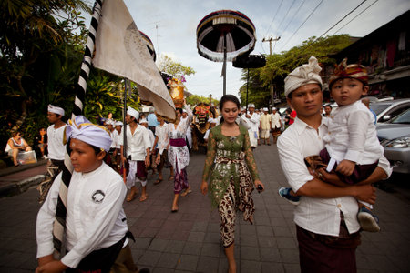 Melasti Ritual is performed before Nyepi - a Balinese Day of Silence that is commemorated every year (in 2012, it is on March 23rd) on March 18, 2012 in Ubud, Bali, Indonesia.のeditorial素材