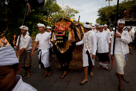 Melasti Ritual is performed before Nyepi - a Balinese Day of Silence that is commemorated every year (in 2012, it is on March 23rd) on March 18, 2012 in Ubud, Bali, Indonesia.のeditorial素材