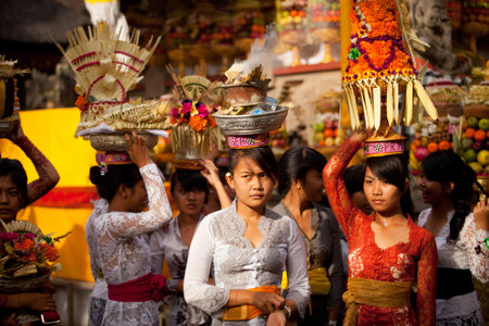 Melasti Ritual is performed before Nyepi - a Balinese Day of Silence that is commemorated every year (in 2012, it is on March 23rd) on March 18, 2012 in Ubud, Bali, Indonesia.のeditorial素材